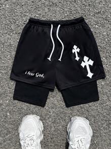 SHEIN 1 件青少年男孩十字印花标语抽绳腰双层百搭休闲短裤图形网眼短裤，适合丈夫、男朋友的礼物春装；青少年男孩服装；儿童夹克，春季返校 - 黑色 - 查看 1