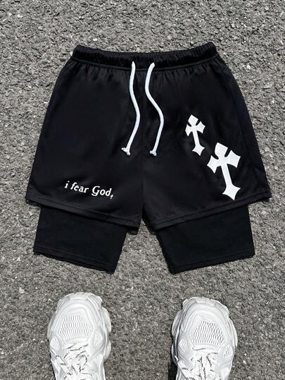SHEIN 1 件青少年男孩十字印花标语抽绳腰双层百搭休闲短裤图形网眼短裤，适合丈夫、男朋友的礼物春装；青少年男孩服装；儿童夹克，春季返校
