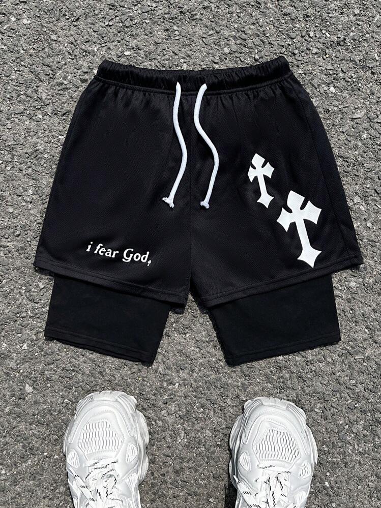 SHEIN 1 件青少年男孩十字印花标语抽绳腰双层百搭休闲短裤图形网眼短裤，适合丈夫、男朋友的礼物春装；青少年男孩服装；儿童夹克，春季返校 - 黑色 - 查看 1