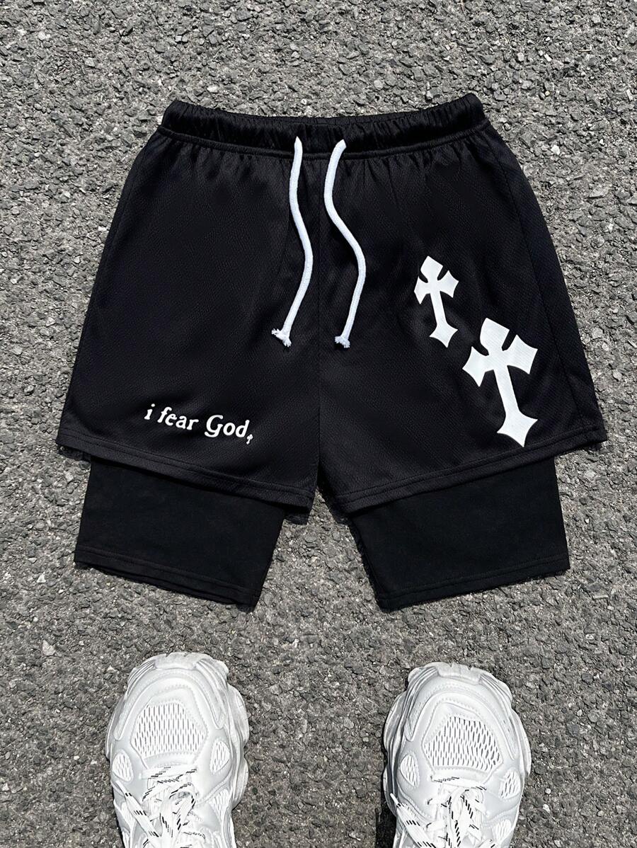 SHEIN 1 件青少年男孩十字印花标语抽绳腰双层百搭休闲短裤图形网眼短裤,适合丈夫、男朋友的礼物春装;青少年男孩服装;儿童夹克,春季返校 - 黑色 - 查看 1