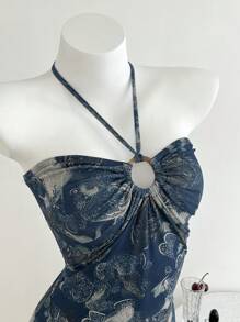 Elamini Women Sexy Summer Rockabilly Paisley Mesh Fabric Vacation Resort Style Resin Circle Decor Spaghetti Strap Camisole Slip Dress - Blue - View 6