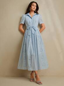 Anewsta Đầm dài rộng rãi có cổ tay ngắn, thắt eo cho nữ - Màu xanh nhạt - Xem 6