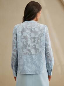 Anewsta Áo cánh cổ tròn vải kết cấu viền xếp nếp trong suốt thanh lịch hiện đại lãng mạn cho nữ, mùa xuân/hè - Màu xanh lam - Xem 2