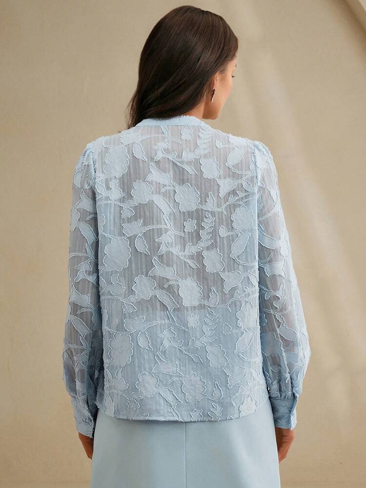 Crew Neck Textured Fabric Ruffled Edge Transparent Elegant Modern Romantic Blouse Top For Women, Spring/Summer