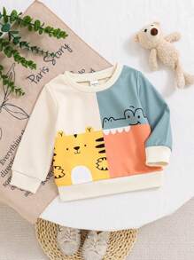 SHEIN Playful Pals 幼儿男童撞色卡通动物印花圆领长袖卫衣，可爱休闲，适合秋冬户外穿着 - 彩色 - 查看 2