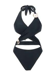 Swim SXY Women Solid Golden Decor Strappy Back Tie One Piece Swimsuit For Summer Beach Vacation