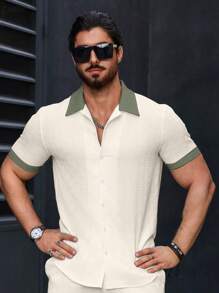 Manfinity Homme Men's Summer Contrast Color Single-Breasted Casual/Office Short Sleeve Shirt