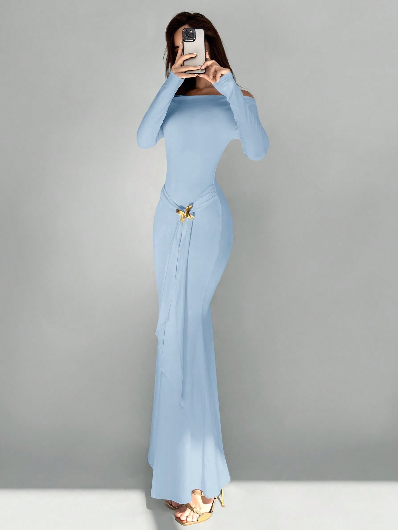 Aloruh فستان طويل أنيق للنساء مزين بفيونكة معدنية...