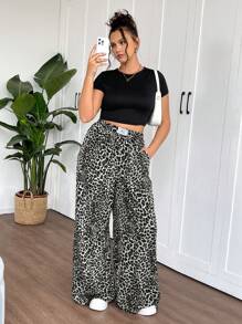 SHEIN Tall CURVE 大码女式豹纹梭织阔腿街头长裤 - 灰色 - 查看 5