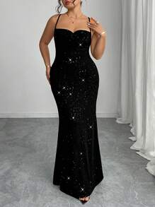 SHEIN PETITE 加大码性感细肩带露背亮片连衣裙，夏季 - 黑色 - 查看 3