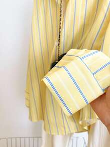 INAWLY 女式休闲条纹印花纽扣长袖衬衫