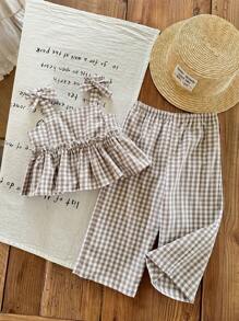 SHEIN LMoss Kids LMoss Baby Girls Summer Cute Striped Camisole And Elastic Waist Pants 2 Pieces Set Toddler Girl Gingham Set Toddler Girl Summer Set Girls Two Piece Set 2 Piece Toddler Girl Set Baby Girl Gingham Outfit