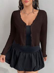 SHEIN EZwear 大码女式咖啡棕色开襟羊毛衫，适合春夏度假和音乐节穿着 - 咖啡棕 - 查看 3