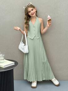 Firerie Kids Firerie Kids Conjunto informal para niña preadolescente Nova Glow compuesto por una chaqueta corta sin mangas de unicolor emparejada con una falda larga plisada de cintura alta, atuendo de uso diario