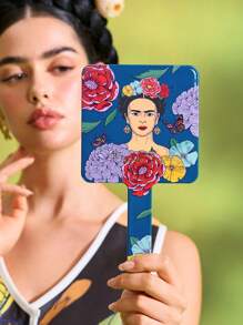 Frida Kahlo X SHEIN 1 pieza Espejo de mano cuadrado con gráficos de figuras e impresiones florales, apto para uso en el hogar, oficina y viajes, ligero, de alta definición, artístico y elegante