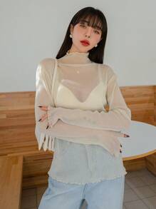 DAZY Lettuce Trim Mock Neck Mesh Top Without Bra Going Out Tops Sheer,Back To School Clothes