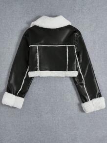 SHEIN EZwear 1pc Teddy Lined PU Leather Sleeve Crop Jacket,Ladies Late Fall Casual Pocket,Zipper Regular Sleeve Lapel Loose Black Polyurethane Colorblock Women Jackets,Winter Warmth/ Winter Fashion