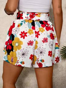 Travachic Plus Size Women's Colorful Floral Print Ruffle Waist Shorts With Belt And Pockets, Summer Vacation - Multicolor - View 2