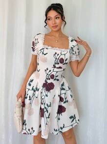 Elenzga 女士度假风方领泡泡袖花卉印花迷你连衣裙