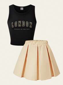 SHEIN Explorewe 少女无袖字母印花T恤搭配百褶裙套装，2025返校季系列，儿童校园服及运动服 - 黑色 - 查看 7