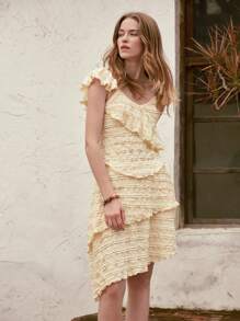 Lumivelle 2件套女士优雅浪漫针织上衣和裙子套装 - 黃色 - 查看 4