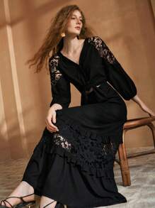 MOTF PREMIUM LINEN CONTRAST LACE CUT OUT DRESS - Black - View 1