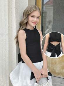 SHEIN 青少年女孩休闲纯黑色露背蝴蝶结短款无袖衬衫 - 黑色 - 查看 1