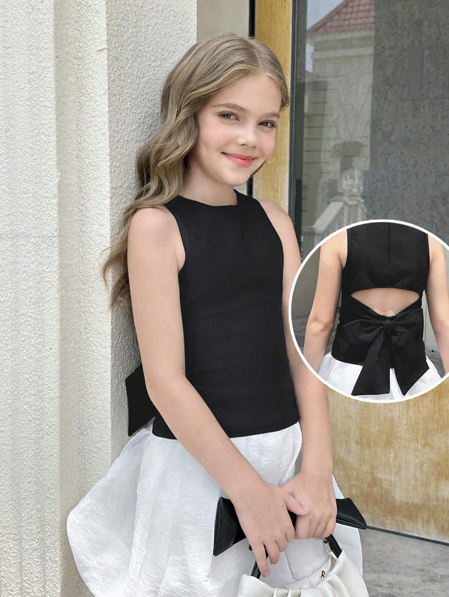 SHEIN 青少年女孩休闲纯黑色露背蝴蝶结短款无袖衬衫 - 黑色 - 查看 1