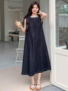 DAZY 女式无袖牛仔度假连衣裙，春夏 - 藍色 - 查看 6