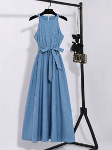 SHEIN Unity 法式优雅系带腰部设计独特连衣裙，时尚别致的女士风格，春夏 - 藍色 - 查看 1