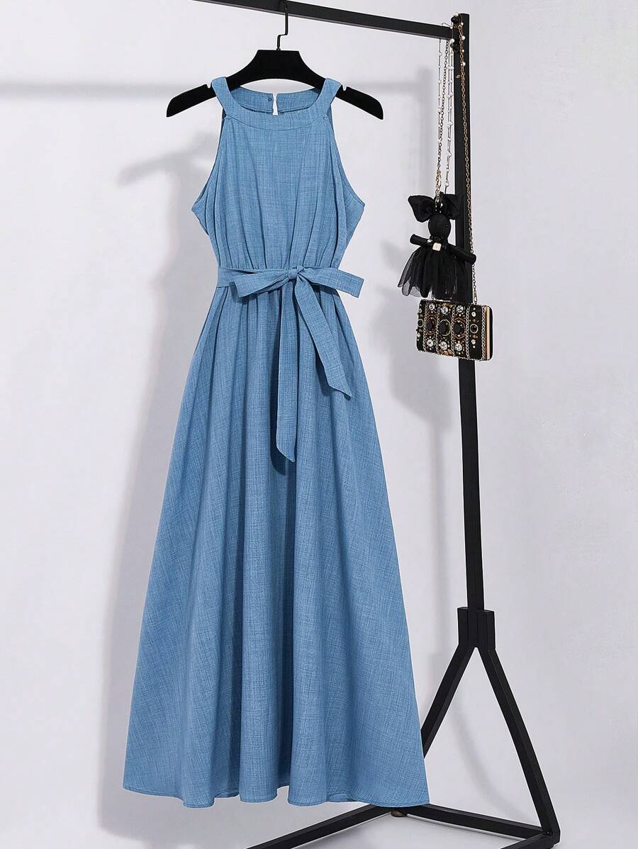 SHEIN Unity 法式优雅系带腰部设计独特连衣裙，时尚别致的女士风格，春夏 - 藍色 - 查看 1