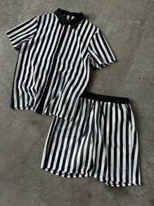 Manfinity Hypemode Conjunto casual de camisa de manga corta a rayas y pantalones cortos de un solo abotonado para hombre en verano