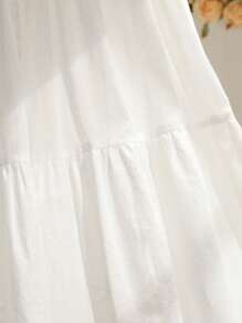 Mulvari 春夏中长款棉质抽绳腰绣花女士半身裙 - 白色 - 查看 6