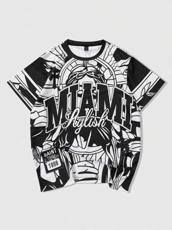 Street Life Herren Kurzarm T-Shirt mit Kreuz- und Jungfrau Maria Grafik-Muster, alltagstauglich für Frühling & Sommer