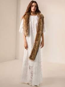BELROSIE French Romantic Style Lace Round Neck Long Dress, Flared Skirt, Ruffle Layered, Loose Fit, Mid-Sleeve - White - View 1