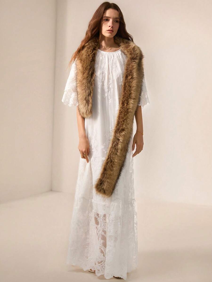 BELROSIE French Romantic Style Lace Round Neck Long Dress, Flared Skirt, Ruffle Layered, Loose Fit, Mid-Sleeve - White - View 1