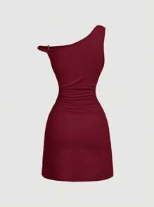 Fitted Ruched Metal Buckle Detail Wine Red Dress,Club Outfits Women Sexy - Burgundy - View 2