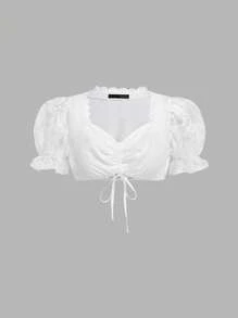 Fairmaia Traditional German Drawstring Tie Ruched Embroidered Patchwork Puff Sleeve Women's Dirndl Tops For Oktoberfest, Halloween - White - View 1