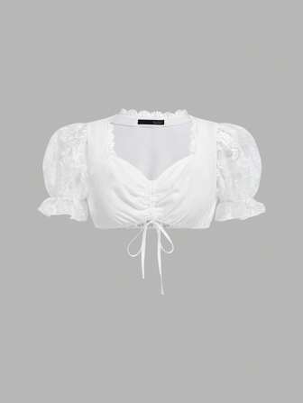 Fairmaia Parte superior de dirndl tradicional alemana con cordón, fruncido, bordado y parches, manga abullonada para Oktoberfest, Halloween