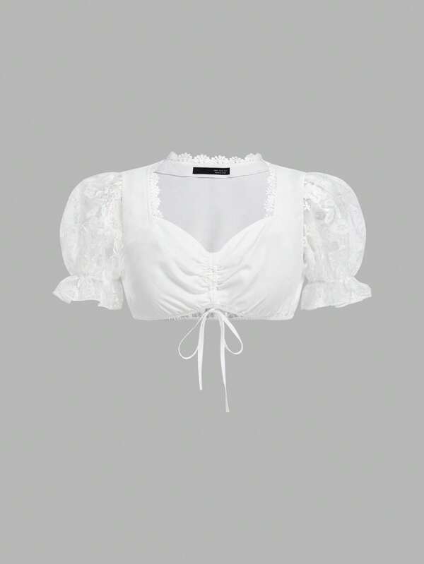 Fairmaia Traditional German Drawstring Tie Ruched Embroidered Patchwork Puff Sleeve Women's Dirndl Tops For Oktoberfest, Halloween