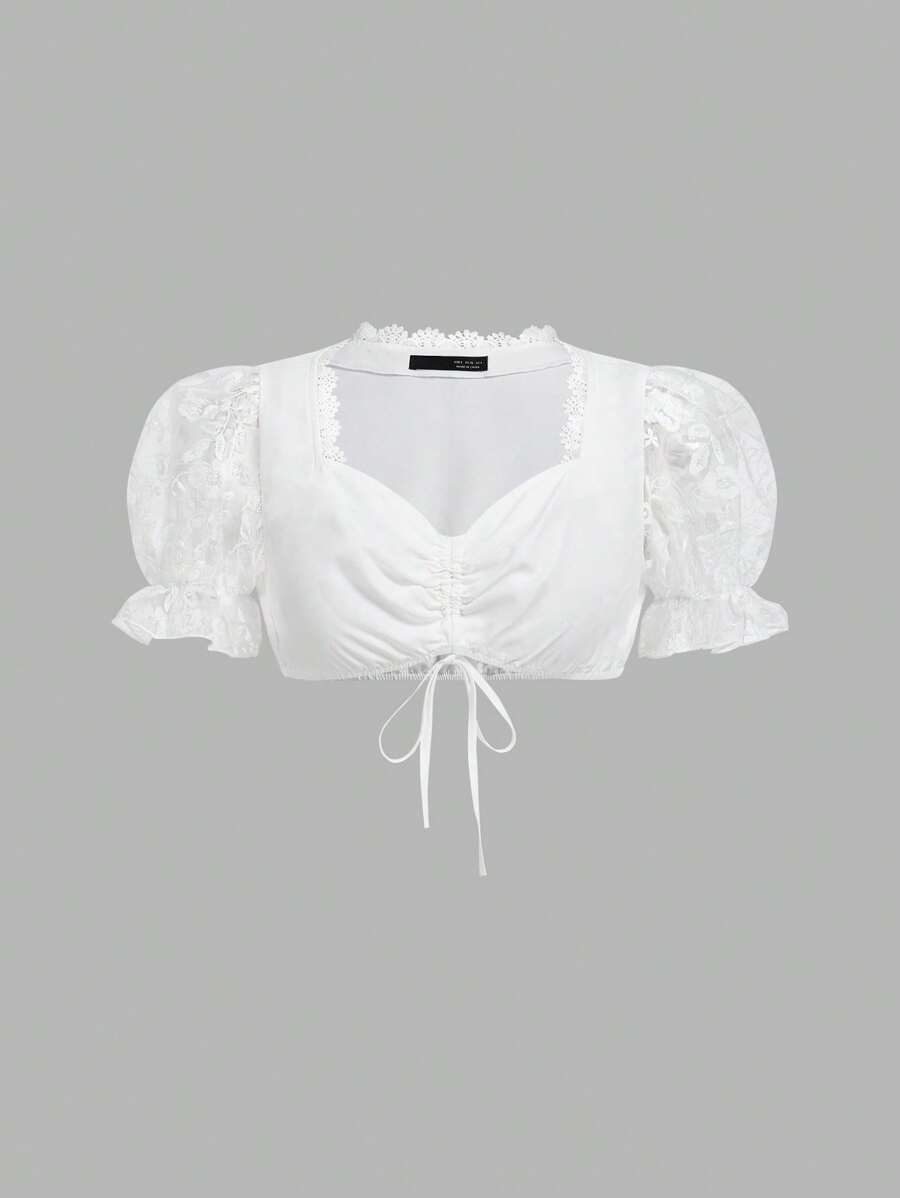 Fairmaia Traditional German Drawstring Tie Ruched Embroidered Patchwork Puff Sleeve Women's Dirndl Tops For Oktoberfest, Halloween - White - View 1