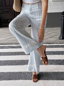 Chiquease 高腰休闲阔腿直筒裤，蕾丝拼接，百搭修身设计 - 藍色 - 查看 1