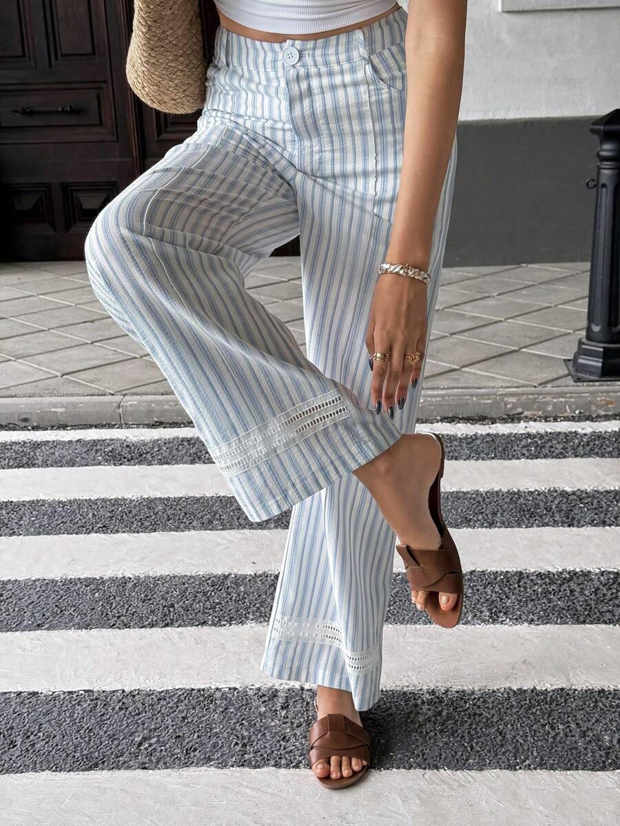 Chiquease 高腰休闲阔腿直筒裤，蕾丝拼接，百搭修身设计 - 藍色 - 查看 1