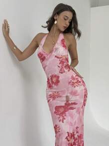 Aloruh 女式印花露背网眼挂脖美人鱼连衣裙