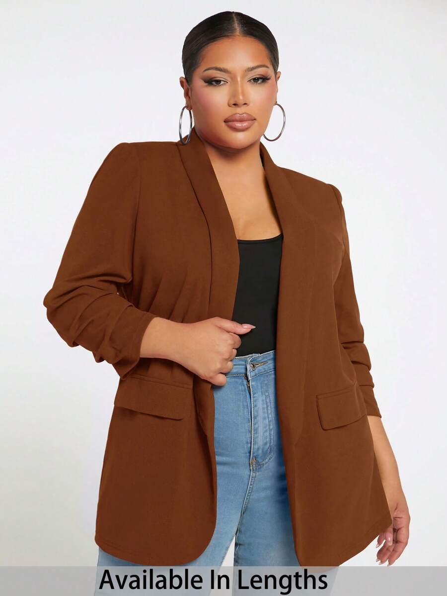 SHEIN Tall CURVE 秋冬大码女式纯色披肩领长袖休闲西装外套 - 棕色 - 查看 1
