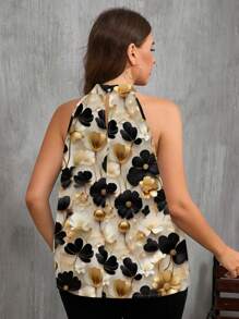 SHEIN Clasi Vacation Faux Gold Floral Print Casual Minimalist Plus Size Shirt Suitable For Summer - Gold - View 2