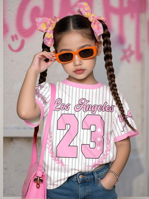 SHEIN Girly Bright Pink Ballerina Inspired Bow, Stripe & Letter 23 Graphic Round Neck Short Sleeve T-Shirt, Casual & Simple For Young Girls, Suitable For Summer