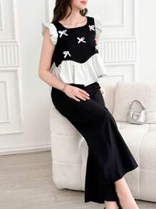 WESTFADE Young Set elegante da 2 pezzi per adolescenti e donne di taglia petite, composto da top con maniche a campana e fiocco, e pantaloni a gamba ampia, adatto per vacanze