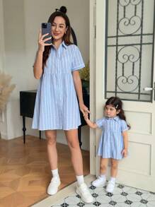 SHEIN Babygirl 可爱夏日度假蓝白条纹短袖立领连衣裙 - 藍白色 - 查看 1
