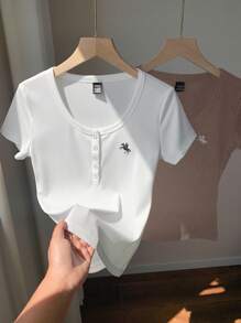 Comfortcana 2pcs/Set Summer Solid Henley Neck Embroidered Slim Fit Short Sleeve T-Shirt